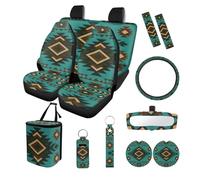 Finagallathe Aztec Tribal Print Full Seat Covers for Cars with Steering Wheel Cover Safety Belt Pads Rearview Mirror Cover Trash Bin Cup Mats Key Chain Lipstick Keychain for Women Men