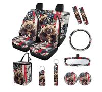 Finagallathe Bear Camo Print Full Seat Covers for Cars American Flag Print Car Front Back Seat Covers+Steering Wheel Cover+Safety Belt Pads+Rearview Mirror Cover+Garbage Bag+Cup Coasters, etc