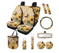 Finagallathe Butterfly Sunflower Print Full Set Car Seat Covers with Accessories Universal Decorative Steering Wheel Cover Safety Belt Pads Inside Rearview Mirror Cover Cup Coasters Keychain