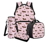 Finagallathe Cartoon Dachshund Print Kids School Backpack, 17 Inch School Bag and Lunch Bag Set for Girls, Lightweight Travel Backpack for Kids