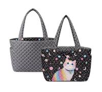 Finagallathe Cat Planet Print Purses Hobo Bags Quilted Tote Bag for Women Two-tone Top Handle Handbag with Pockets Large Ladies Purse for Work Party Travel