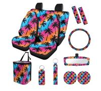 Finagallathe Coconut Tree Print Full Set Car Seat Covers with Steering Wheel Cover Safety Belt Pads Inside Rearview Mirror Cover Cup Coasters Garbage Bag for SUV Truck Sedan