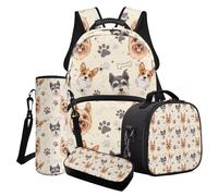 Finagallathe Corgi Schnauzer Print Children's Backpacks for Girls, Dog Paw Print Rucksack and Lunch Bag Set with Water Bottle Bag