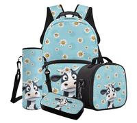 Finagallathe Cow Daisy Print Backpack and Lunch Bag Set for Girls, Kids Backpack and Pencil Case Set for Primary Middle School, Back to School Gift