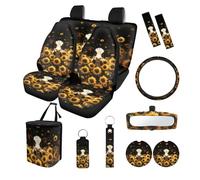Finagallathe Cow Sunflower Print Full Set Car Seat Covers with Accessories Universal Decorative Steering Wheel Cover Safety Belt Pads Inside Rearview Mirror Cover Cup Coasters Keychain