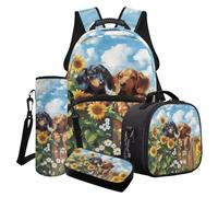Finagallathe Dachshund Dog Print Lunch Box and Backpack Set for Kids, Sunflower Daisy Print Backpack and Pencil Case Set, Gifts for Boys Girls