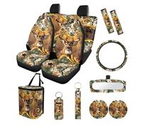 Finagallathe Deer Print Car Accessories Seat Covers Full Set of 13 Camo Hunting Print Front and Rear Seat Covers with Steering Wheel Cover Safety Belt Pads Rearview Mirror Cover Trash Bag