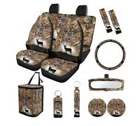 Finagallathe Deer Print Car Seat Covers Front and Back Full Set with Camo Forest Print Steering Wheel Cover Safety Belt Pads Rearview Mirror Cover Trash Bag Cup Coasters Keychain, Easy to Install