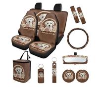 Finagallathe Dog Flower Print Car Seat Covers Front and Back Full Set with Decorative Steering Wheel Cover Safety Belt Pads Rearview Mirror Cover etc Suitable for SUV Truck Sedan, Brown