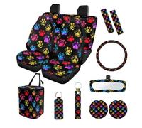 Finagallathe Dog Paw Print Car Front Rear Seat Covers with Steering Wheel Cover Safety Belt Pads Rearview Mirror Cover Trash Can for SUV Sedan Truck, Universal Car Interior Decor