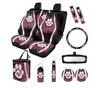 Finagallathe Dog Paw Print Car Seat and Steering Wheel Cover Set with Safety Belt Pads Inside Rearview Mirror Cover Trash Can Cup Coasters Keychain and Lipstick Keychain 13Pcs Car Interior Decor