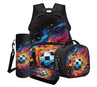 Finagallathe Fire Football Print Kids School Backpack Set, Large Capacity Back to School Backpack Set with Lunch Box Pencil Case, Gifts for Boys