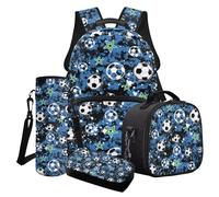 Finagallathe Football Star Print School Bag Set for Kids, 4Pcs Backpack Set Rucksack Lunch Box Pencil Case and Water Bottle Bag for Student Boys