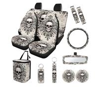 Finagallathe Gothic Skull Print Car Seat Covers Front and Back Full Set with Interior Decor Accessories(1 Steering Wheel Cover, 2 Safety Belt Pads, 1 Rearview Mirror Cover, 2 Cup Coasters, etc)