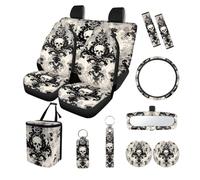 Finagallathe Gothic Skull Print Full Set Car Seat Covers with Accessories Decorative Inside Rearview Mirror Cover Steering Wheel Cover Safety Belt Pads Garbage Bag Cup Coasters, Easy to Install