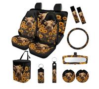 Finagallathe Highland Cattle Print Car Seat Covers Full Set Sunflower Print Front and Rear Seat Covers Steering Wheel Cover Safety Belt Pads Rearview Mirror Cover Cup Coasters Keychain