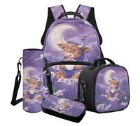 Finagallathe Highland Cow Print Backpack Lunch Box Set for Girls, Lavender Daisy Print Backpack and Pencil Case Set with Water Bottle Bag, Gift for Girls