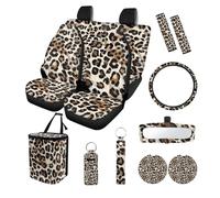 Finagallathe Leopard Print Car Seat Covers Front and Back Full Set with Steering Wheel Cover Safety Belt Pads Inside Rearview Mirror Cover Trash Bag Cup Coasters, 13 Pack Car Interior Decor