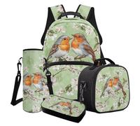 Finagallathe Robin Flower Print School Bag Set for Girls, Back to School Bundle Lightweight Children's Backpacks Lunchbox Pencil Case and Cup Bag