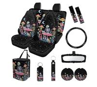 Finagallathe Skeleton Mushroom Print Car Seat Covers Full Set Moon Star Print Front and Rear Seat Covers Steering Wheel Cover Seatbelt Pads Rearview Mirror Cover Trash Bag Cup Cushions Key Chain
