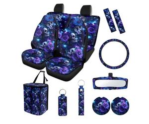 Finagallathe Skull Daisy Print Full Set Car Seat Covers Universal Decorative Steering Wheel Cover Safety Belt Pads Inside Rearview Mirror Cover for Sedan SUV Truck, Easy to Install