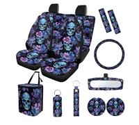 Finagallathe Skull Flower Print Car Front and Rear Seat Covers with Steering Wheel Cover Safety Seat Belt Pads Rearview Mirror Cover Trash Can Cup Coasters, 13Pcs Car Decor for SUV Sedan Truck