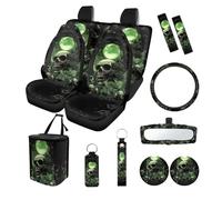 Finagallathe Skull Moon Print Full Set Car Seat Covers with Accessories Decorative Inside Rearview Mirror Cover Steering Wheel Cover Safety Belt Pads Garbage Bag Cup Coasters, Easy to Install