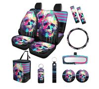 Finagallathe Skull Print Car Interior Covers Full Set of 13 American Flag Print Car Front Back Seat Covers for Women Men with Steering Wheel Cover Safety Belt Pads Rearview Mirror Cover, etc