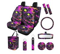 Finagallathe Skull Print Full Set Car Seat Covers Universal Decorative Steering Wheel Cover Safety Belt Pads Inside Rearview Mirror Cover for Sedan SUV Truck, Easy to Install, Purple