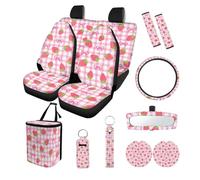 Finagallathe Strawberry Bowknot Print Full Set Car Seat Covers with Steering Wheel Cover Safety Belt Pads Inside Rearview Mirror Cover Cup Coasters Garbage Bag for SUV Truck Sedan, Pink