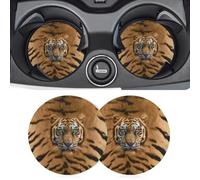 Finagallathe Tiger Print Car Coasters for Drinks 2 Pack Leather Animal Print Cup Holders Coaster for Car Automotive Holder Coaster Universal fit Most Car Sedan Vehicle Interior Accessories