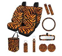 Finagallathe Tiger Print Car Front and Rear Seat Covers with Steering Wheel Cover Safety Belt Pads Inside Rearview Mirror Cover Trash Bin Cup Coasters Key Chain and Lipstick Keychain, 13Pcs