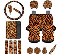 Finagallathe Tiger Print Car Seat Covers Full Set with Pillow Cover Auto Steering Wheel Protector+Seat Belt Shoulder Pads+Car Cup Coaster+Handbrake Cover+Armrest Cushion and Keychain,Orange,18 Pack