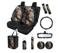 Finagallathe Tiger Print Full Set Car Seat Covers with Steering Wheel Cover Inside Rearview Mirror Cover Safety Seat Belt Pads Trash Can Cup Cushions and Keychain for Women Men, 13Pcs Set