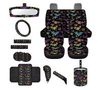 Finagallathe Universal Car Seat Covers Full Set Bat Jack-o'-lantern Print Car Front Rear Seat Covers Steering Wheel Cover Armrest Cushion Safety Belt Pads Garbage Bag Cup Mats for Halloween Decor