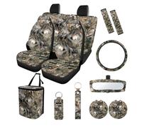 Finagallathe Wolf Print Full Seat Covers for Cars Camo Hunting Print Car Front Back Seat Covers+Steering Wheel Cover+Safety Belt Pads+Rearview Mirror Cover+Garbage Bag+Cup Coasters, etc