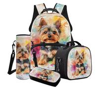 Finagallathe Yorkshire Terrier Print Lunch Box and Backpack Set for Kids, Ink Splash Print Backpack and Pencil Case Set, Gifts for Boys Girls