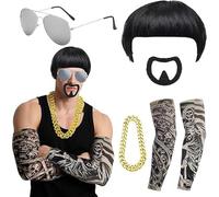 Final Boss Costume Accessory Set, 60s 70s 80s Funny Bowl Cut Wig, Black Bowl Cut Wig, Goatee, Gold Chain, Fake Tattoo Sleeves & Shades,90s Meme Cosplay IbIza Outfit for Carnival Party