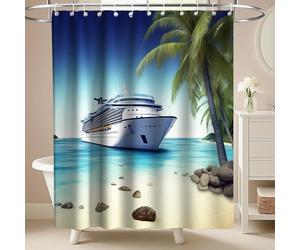 Final Friday Cruise Ship Tropical Palm Tree Island Theme Fabric Shower Curtain Sets Bathroom Ocean Decor with Hooks Waterproof Washable 72 x 72 inches Blue Green and White