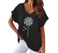 Final Lap Vintage Streetwear Linen Tops for Women UK Women's Short Sleeved Dandelion Print V Neck Loose Casual T Shirt Petite Clothing for Women UK