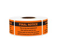 Final Notice Letter Sticker Labels Payment Caution Past Over Due 2 Inch X 1 Inch Orange - 1 Roll