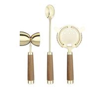 Final Touch 3 Piece Brass Cocktail Mixing Making Tools Set Includes Strainer, Spoon & Double Jigger Brass Plated 304 Grade Stainless Steel with Wooden Handles FTA2100