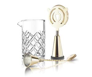 Final Touch Brass Cocktail Mixing Set Multi-Function Essential Tools for Making, Pouring, Stirring and Straining Includes Glass Yarai Mixing Pitcher, Jigger Strainer, Jigger Spoon - Premium Gift Set