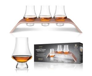 Final Touch Whiskey Flight Set with 3 Tasting Glasses & Modern Wood Stand | Roll glass gently to create a natural liquid motion, Includes 3 tasting glasses and a stylish wood levitation stand, LFG4133