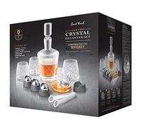 Final Touch Whisky Set. 15pce Crystal Decanter Set including 1L decanter with stopper, steel tongs, plus 4 large tumblers and 4 steel ice balls for chilling without dilution