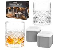 Final Touch Yarai Double Old-Fashioned Glass Set Includes 2 Lead-Free Whiskey Glasses 10oz and 2 BPA-Free Ice Cube Trays with 1¾ Inch Cubes Perfect for Whiskey Cocktails Bourbon and Spirits (GG9023)