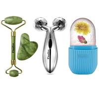 Finalize 3D Manual Roller Face Body Massager With And Anti Aging 100% Natural Jade Stone Roller Msagger With Gua Sha Tools for Face and Body Massager- (3D+Stone+Head massager-)
