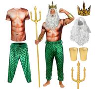 FINASKASU 7 Pcs Halloween Costumes Set Mermaid Pants Muscle Shirt Fork Crown Beard Wig Wrist Cuffs God of The Sea for Men Cosplay (Green, X-Large)