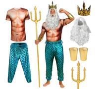 FINASKASU 7 Pcs Halloween Costumes Set Mermaid Pants Muscle Shirt Fork Crown Beard Wig Wrist Cuffs God of The Sea for Men Cosplay (Blue, X-Large)