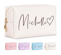 Fincekoom Personalized Makeup Bag with Name & Birth Flower, Custom Leather Cosmetic Bags for Women, Customized Travel Toiletry Bag Gifts for Bridesmaid Wedding, 005-White-Heart